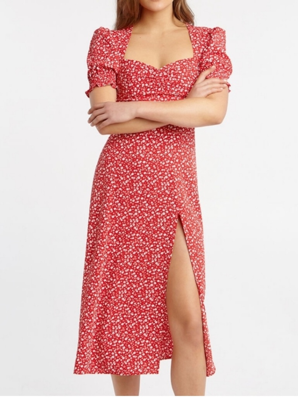 Bardot Millie Floral Ditsy Red Maxi Dress With Puff Sleeves